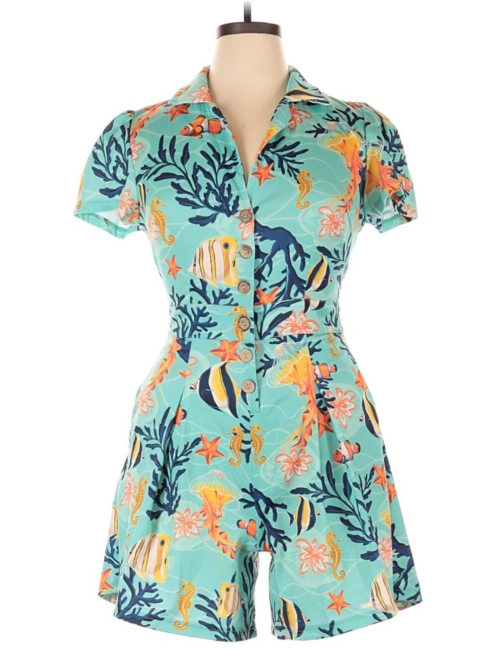 Voodoo Vixen Coral Reef Button Up Romper Teal XL Ocean Print Playsuit EUC